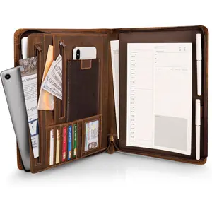 Full Grain Leather Portfolio with Zipper, Professional Business Organizer for Men Women, Executive Resume Folder with A4 Notepad Holder, Card Slots, Pen Loop, 10x13'', Luxury  Set