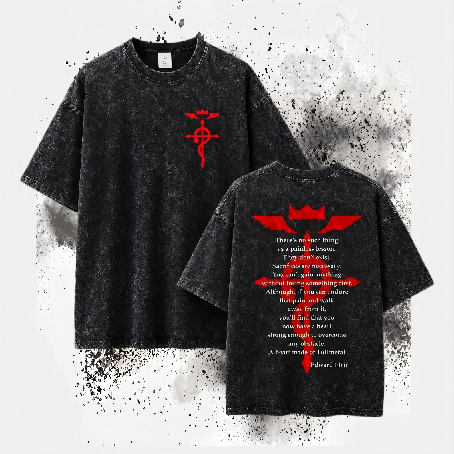 "Fullmetal Alchemist" Edward Elric Vintage-Wash Graphic T-Shirt — Streetwear-style merchandise featuring a distressed black wash and anime/manga-inspired design.Fullmetal Alchemist Brotherhood Manga Panel Print Otaku Casual Top