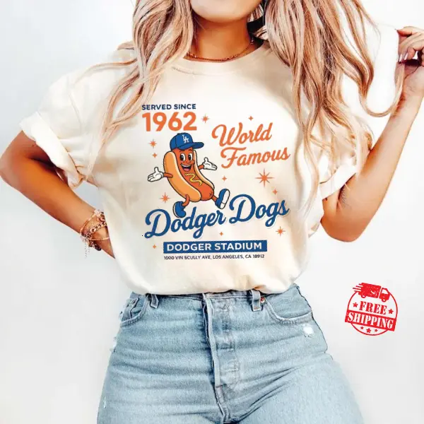 [Sale up to 50%] [Free Ship] Dodger Dogs World Famous 1962 Stadium Tee, Retro Ballpark Hot Dog Shirt