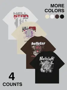 4-Pack "Hellstar" Gothic Streetwear Graphic T-Shirts | Dark Y2K Casual Tees Set