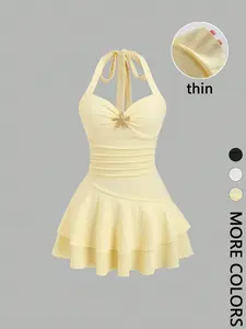 Women's Textured Halter Tie Front Ruched Bust Metal Decor Layered Ruffle Hem Mini A-line Dress For Beach Vacation Elegant Spring Summer （thin）
