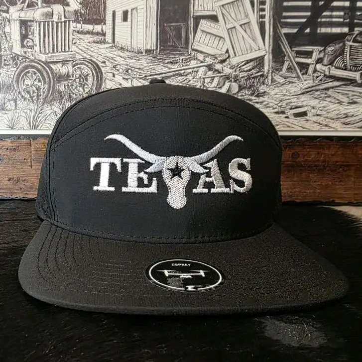 Texas Embroidered Design 7 Panel Black Flat Bill Snapback Hat with Longhorn Logo