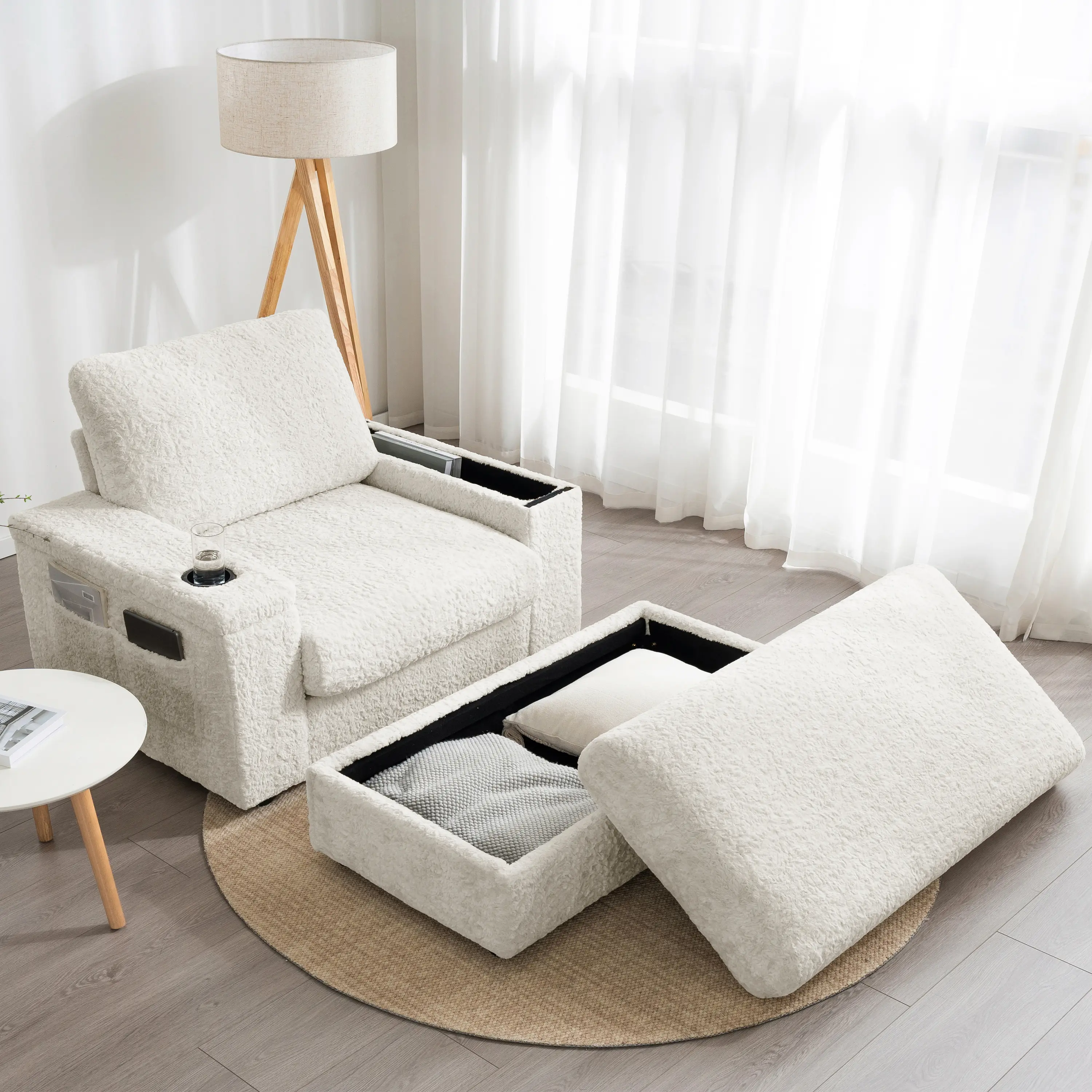 Oversized Faux Rabbit Fur Armchair with Storage Ottoman and Cup Holders, Deep Seat Chaise Lounge for Living Room, Beige