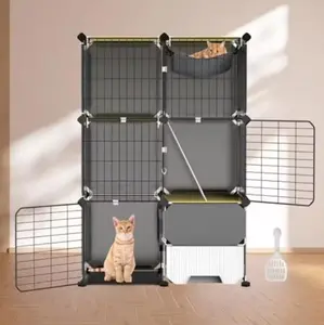 3-Tier Indoor Metal Wire Cat Cage Enclosure, Detachable Large Cat Playpen House with Hammock & Litter Box Space, 27.95×13.78×42.13 Inches