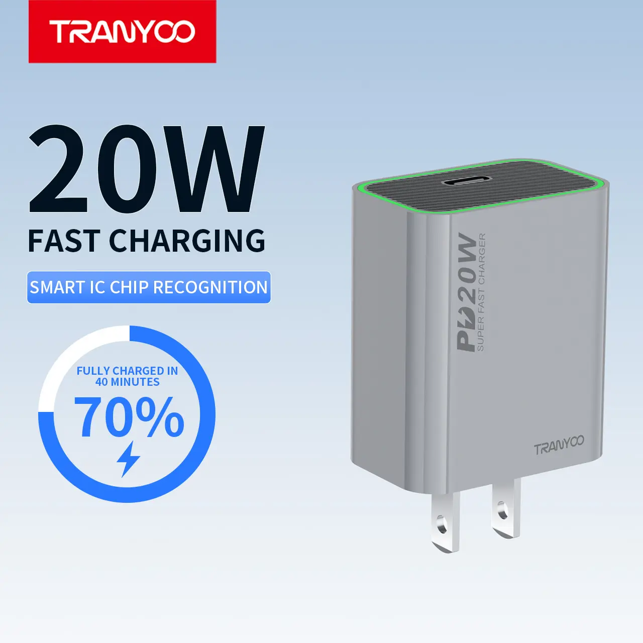 TRANYOO T-US7 20W USB C Fast Charger, Ultra-Compact PD Charger with ABS+PC Fireproof Material, Global Universal AC 100-240V, Compatible with iPhone 15/16/17/14/13, Samsung Galaxy