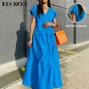 UOOZEE Women's New 2026 Summer Bright Chic Loose Big Hem Tiered Ruffle-Sleeve V-Neck Maxi Dress, Casual Cotton Blend Brunch/Vacation/Streetwear Dress (One Size Up Recommended for C - Cup and Above)