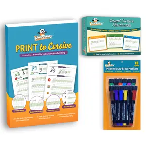 DRY ERASE KIT: Dry Erase Visual Cursive Flash Cards, Print to Cursive Transition Workbook(not dry erase) & Dry Erase Magnetic Markers 12 Pack