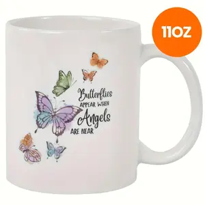 11oz Ceramic Coffee Mug with Inspirational 'Butterflies Appear When Angels Are Near' Design - Perfect Gift for Friends, Reusable & Durable, Ideal for All Seasons, Coffee Bar Accessories