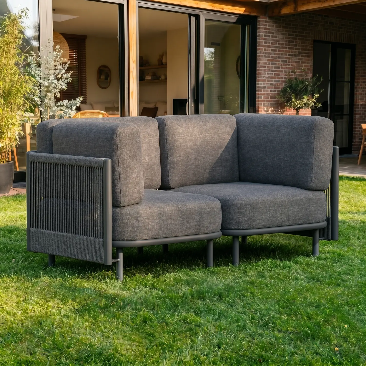 2 Pieces Patio Furniture Set, Modern Outdoor Modular Sectional Conversation Set L-Shaped Sofa with 7-inch Cushion for Garden Backyard Deck