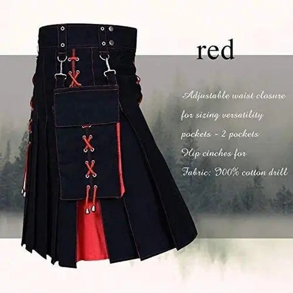 Mens Scottish Traditional Highland Utility Kilt - Menswear Mens Clothing Clothes, Solid Pleated, Buckle Straps, Cargo Pockets Costume