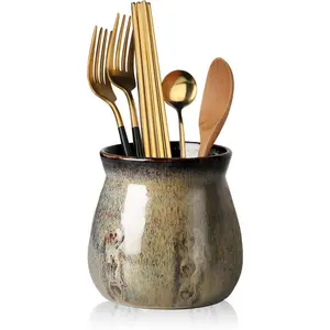 Ceramic Utensil Holder, Small Utensil Crock Ideal for Spoons, Forks and Knives, Easy to Clean 30 oz (Gradient Gray)