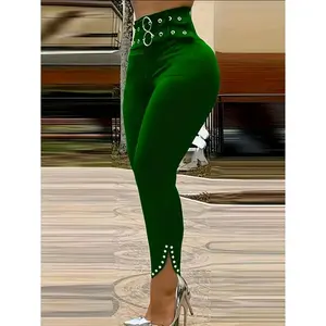 Women'sElegantHigh-WaistedSlim-FitPantswithStylishEyeletDetailingandRhinestoneAccents,VersatileRedLongTrousersforAllSeasons-Polyester,MachineWashable,LadiesPantsFabricWomenswearBottomChic??Red?? Basic Minimalist