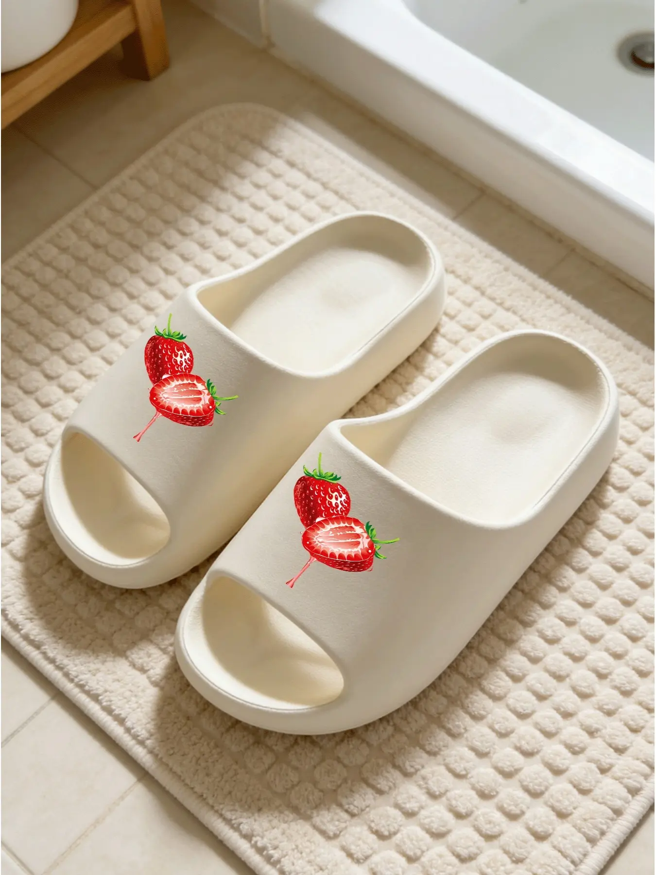 Strawberry Print Cloud Sandals, Fresh Girl Style, Casual Eva Material, Medium Width, All Seasons, Home Slip-Ons, Comfortable Footwear