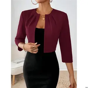 Forautumn /ktokessncewomen ssolidcolorpleated3 4sleeopenfrontshortjacket