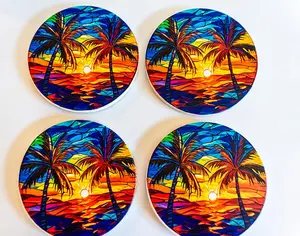 Sandstone Coasters Tropical Palm Tree Colorful Pressed coasters  et Engraved Monogrammed Tableware
