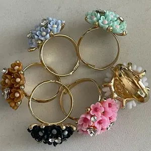 Adjustable Fantasy Ring with Beautiful Flowers in Dusty Blue Mint Black Pink White and Caramel Elegant Design for Women's Unique Jewelry