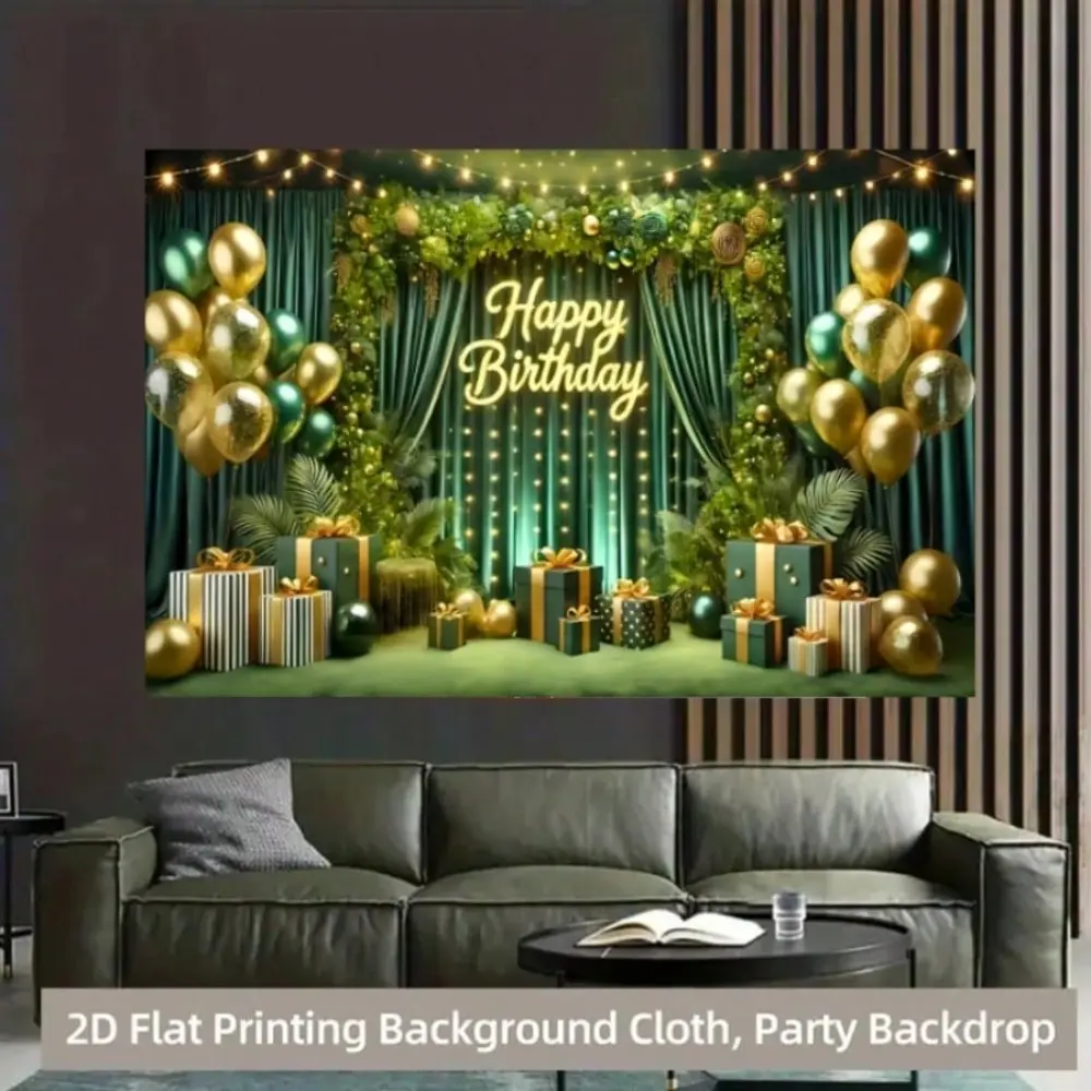 2D Flat 1pc Emerald Green Gold Happy Birthday Backdrop Banner, Happy Birthday Decorations, Balloon Gift Box Greenery String Light Photography Background, Ideal for Birthday Party, Celebration, Photo Booth Decor, Multiple Sizes Available