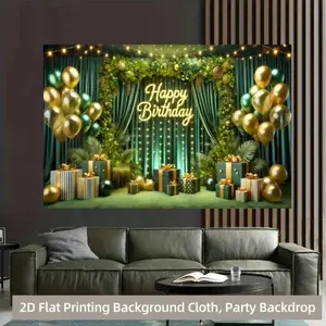 2D Flat 1pc Emerald Green Gold Luxury Happy Birthday Backdrop Banner, Balloon Gift Box Greenery String Light Photography Background, Ideal for Adult Birthday Party, Elegant Celebration, Photo Booth Decor, Multiple Sizes Available