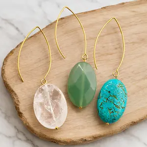 Turquoise jewelry Large Stone Drop Earrings - Elegant Hypoallergenic Stainless Steel Threader V-shape Wire Earrings with Unique Turquoise Accents for Everyday Wear