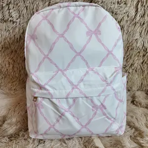 White pink bow printed pockets backpack sweet girls back to school bag