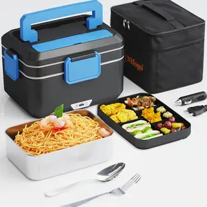Nifogo 100W Compact Electric Lunch Box 1.5L/1.8L/2.5L 110V/12V/24V Leak-Proof Portable Warmer with Divided Design & Tableware for Car & Home Bentobox