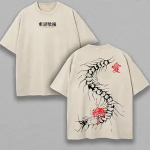 Centipede Kaneki Ken anime double-sided printed washed design T-shirt, a gift for anime lovers. Casual Round Neck Streetwear Tropical