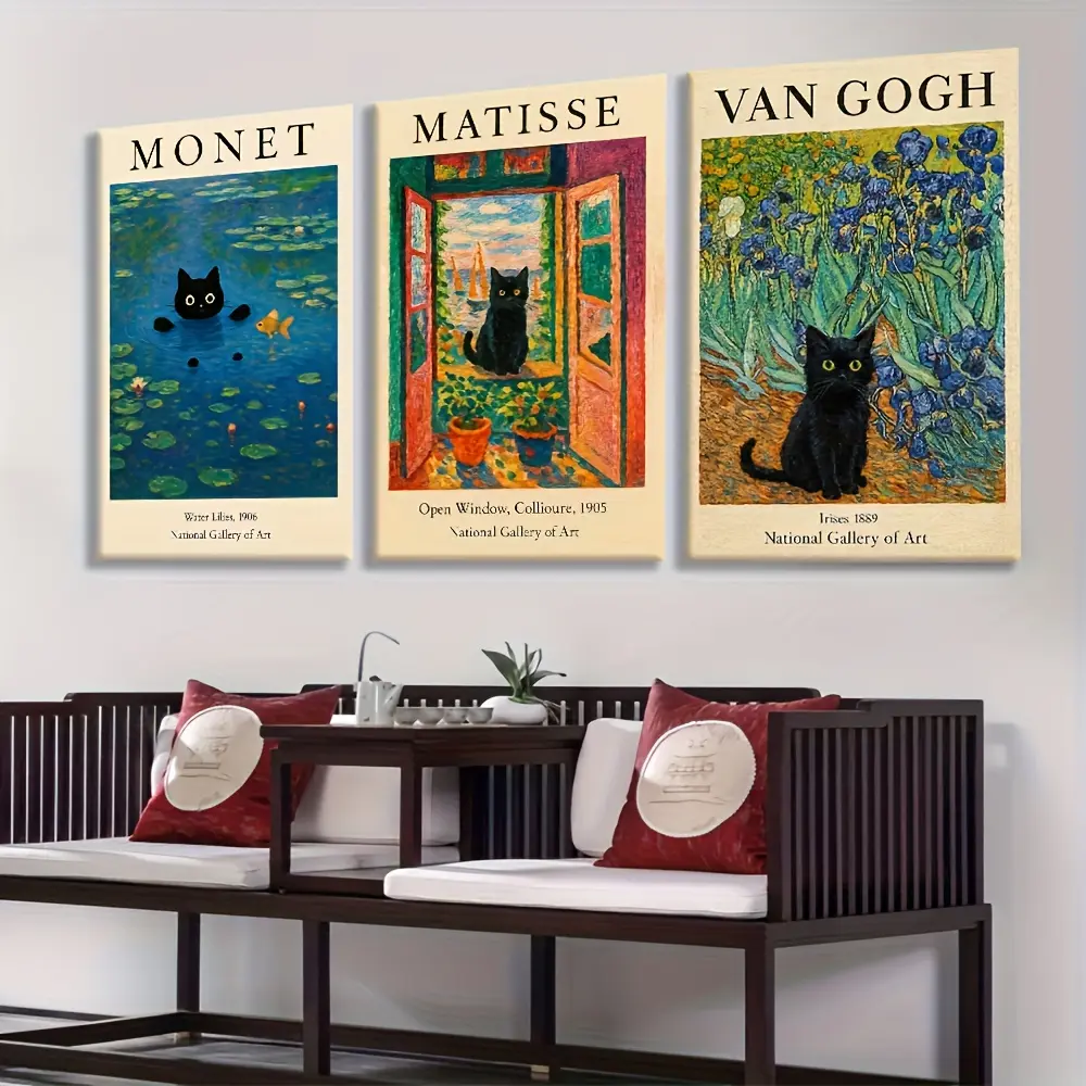 Sturdy 3-Piece Wooden Framed Canvas Paintings Set - Minimalist Glossy Waterproof Eclectic Classic Art Prints of Van Gogh, Matisse, Monet with Polka Dot Black Cats, Easter Marble Accents, for Bedroom & Office Wall Decor, Home Supplies Posters & Prints, Day