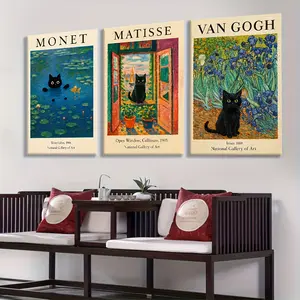 3-piece set of wooden framed canvas paintings, classic art, creative prints of famous artists like Van Gogh, Matisse, and Monet, featuring black cats, perfect for bedroom wall decoration, plant wall decor, home and office, living room, bedroom decoration,