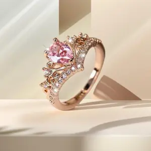 Fashionable crown-shaped pink stone ring for women