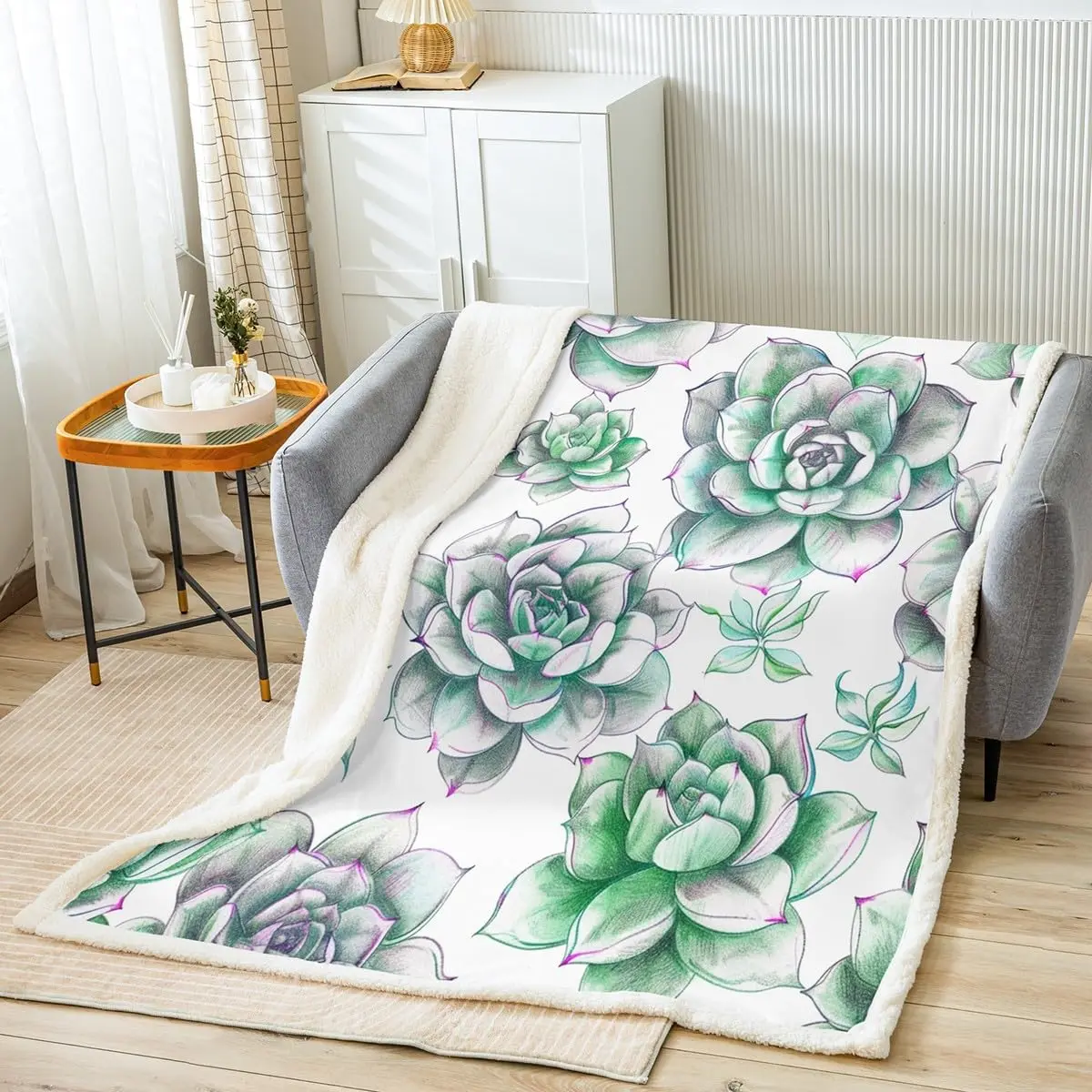 Feelyou Boho Succulent Soft Flannel Sherpa Blanket - Botanical Pattern Plush Microfibre, Bohemian Style Decor for Sofa, Couch (Ideal for Adult Green Plant Rooms, Fits Boho & Bohemian Style Blanket Needs), Sherpa Blankets, Boho Blankets
