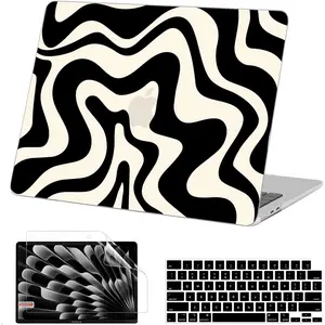 Compatible with MacBook 13 Inch Case 2025 2024 2022 M3 M2 A3113 A2681, Unique Print Pattern Hard Shell Laptop Case + Screen Protector + Keyboard Cover for MacBook 13.6 Inch, Black Wave
