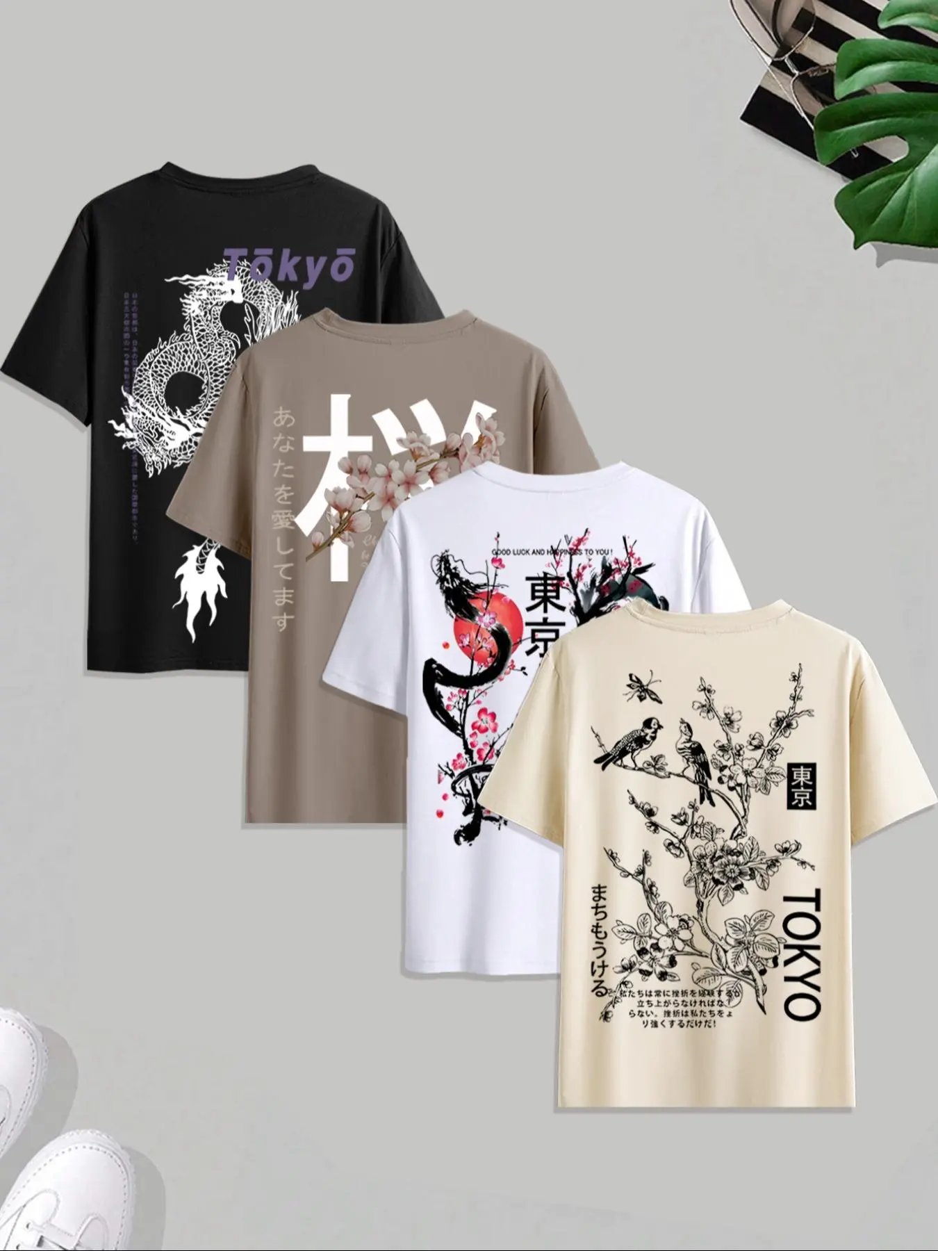 Men's Cherry Blossom & Bird Print Round Neck Boho Botanical Tee, Regular Fit Casual Short Sleeve T-shirt for Summer, Men's Top for Daily Wear, Tropical, Menswear, Casual Streetwear Top