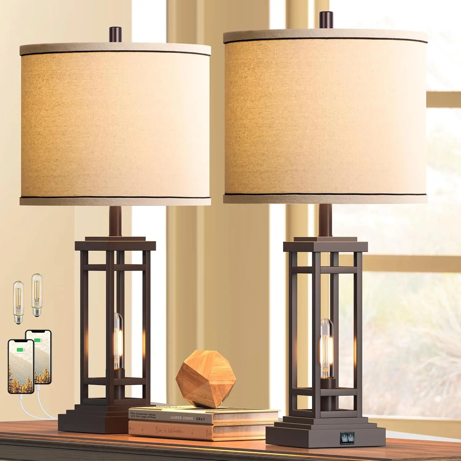 ROTTOGOON Set of 2 27.5in Farmhouse Tall Table Lamps with USB-C + USB-A Ports, Bronze Finish, Industrial Look Accent Lighting Lamps for Bedroom, Indoor Lighting Bases & Shades