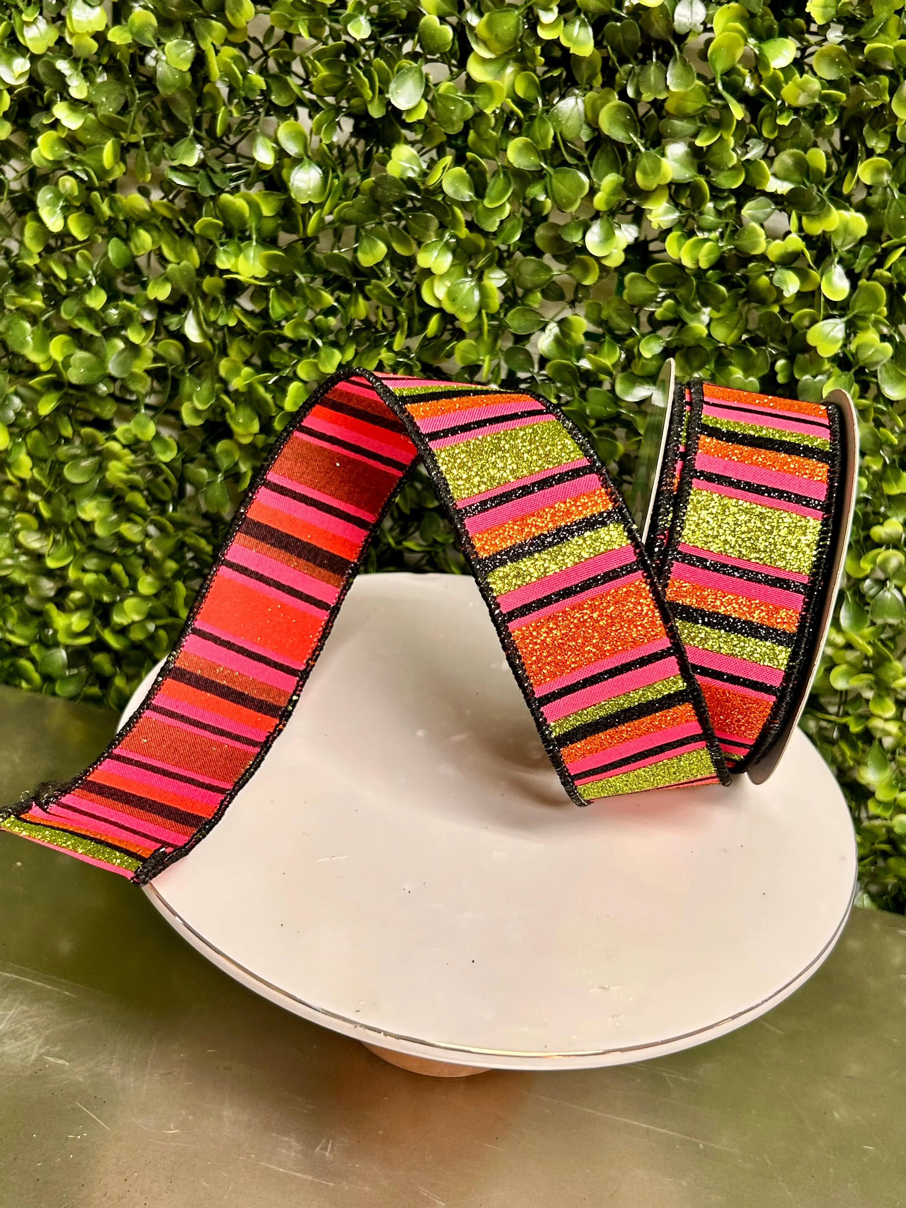 1.5 Inch By 10 Yard Hot Pink Lime Black And Orange Horizontal Stripe Ribbon