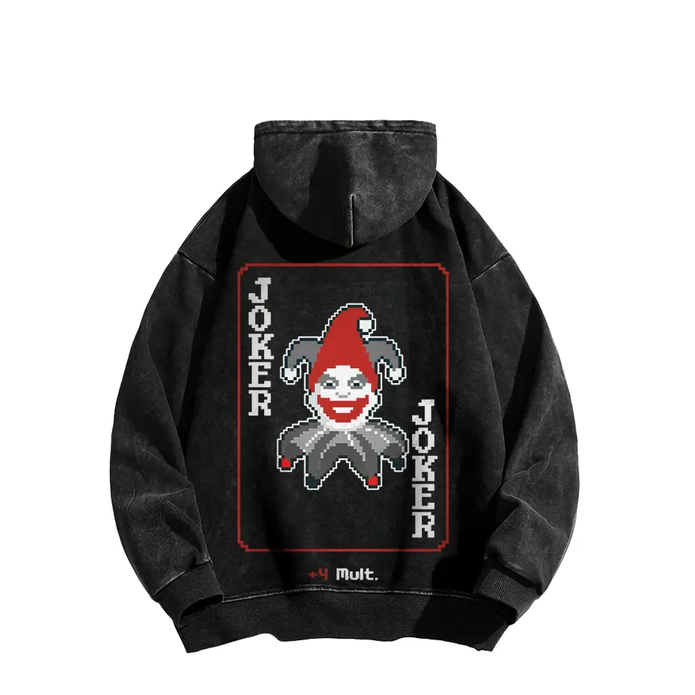 Balatro Joker Pixel Art Reversible T-Shirt – Retro Washed Loose Fit Unisex Hooded Sweatshirt, inspired by indie card games, streetwear, unisex heavyweight pure cotton sweatshirt, washed retro sweatshirt, casual menswear.