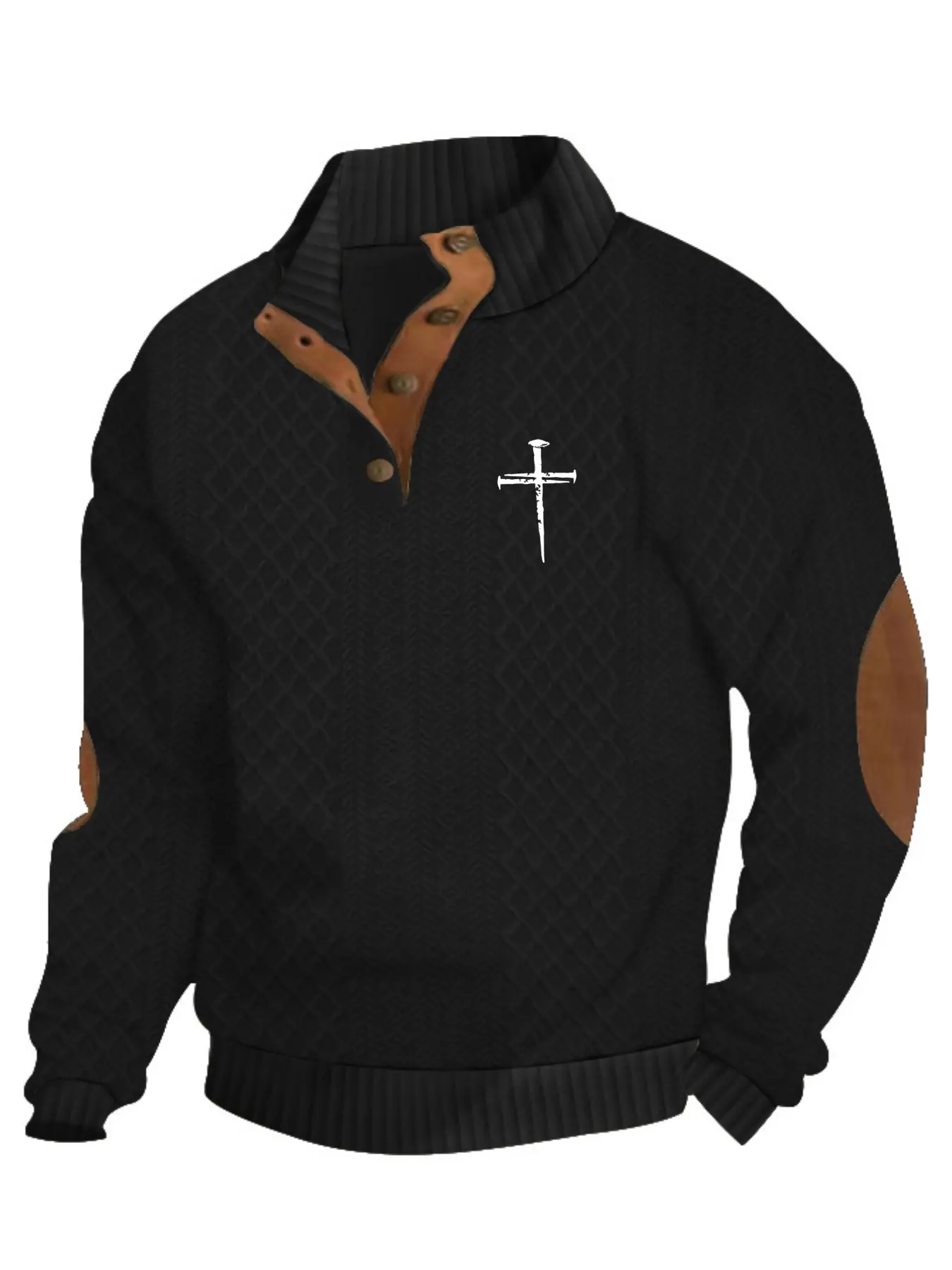 Men's Fall Winter Fashion Jacquard Plaid Cross Print Hoodie, Sweatshirt, Christmas Trend, Half Button Design, Elbow Patch, Gift Idea, Sweater