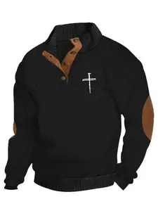 Men's Fall Winter Fashion Jacquard Plaid Cross Print Hoodie, Christmas Trend, Half Button Design, Elbow Patch, Gift Idea