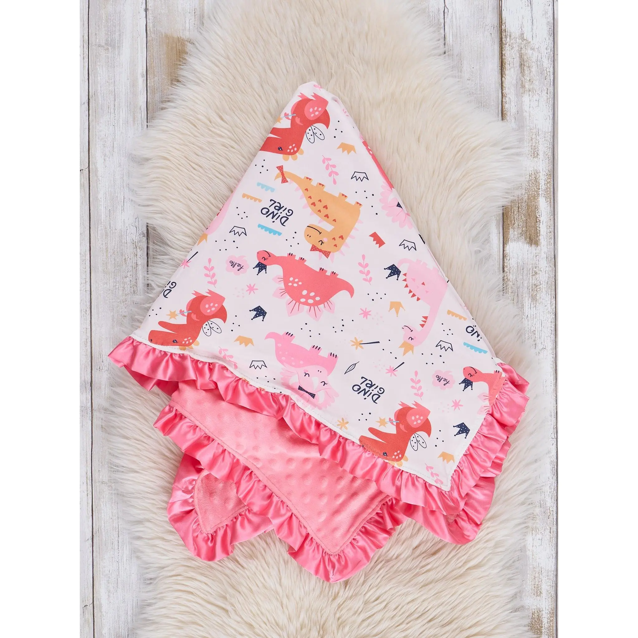 Pink Dino Girl Ruffle Minky Blanket