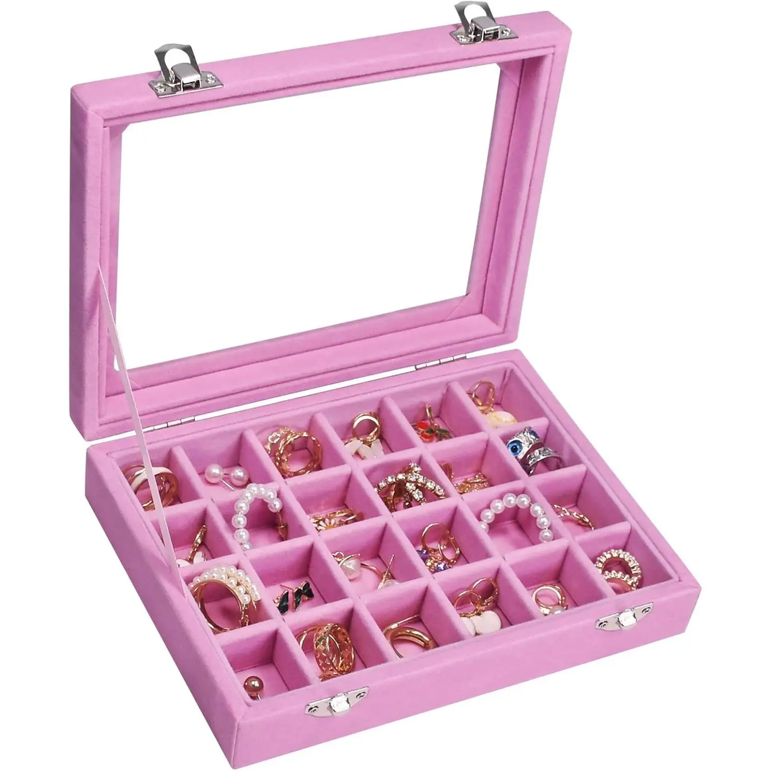 Women's 24-Grid Transparent Glass Modern Ring & Earrings Compartmentalized Organizer Tray with Divided Compartments, Locks, Durable Storage for Dresser Organization (Pink)
