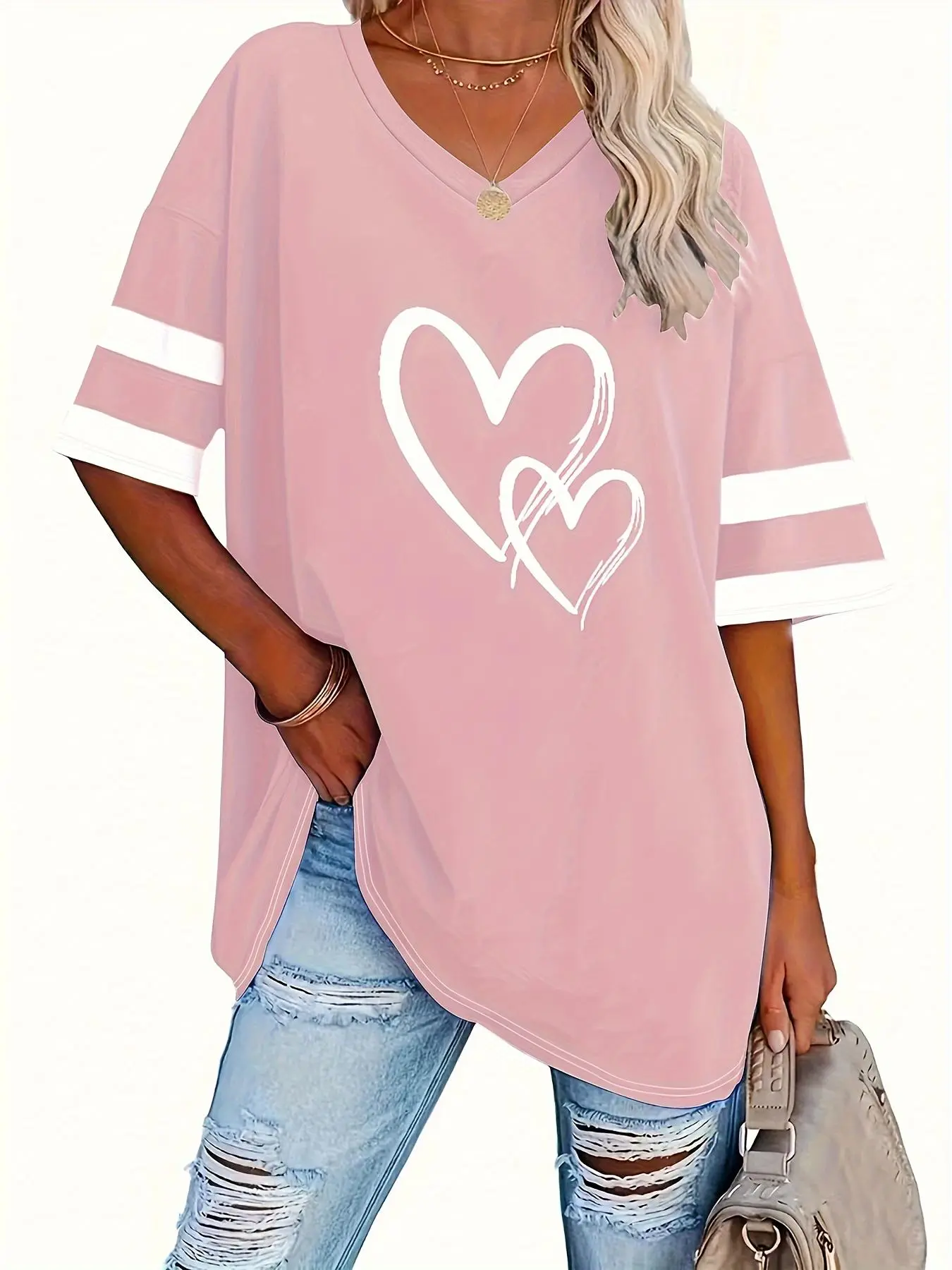 Plus Size Heart Print Contrast Binding V Neck Tee Top, Casual Breathable Loose Fit Drop Shoulder Half Sleeve T-shirt for Summer Love, Womenswear, Women's Plus Size Clothing for Daily Wear