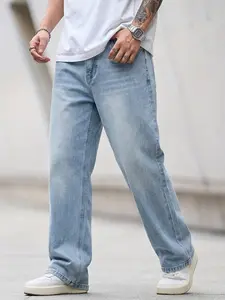 Men's Light Blue Washed Non-Stretch Loose Straight-Leg Denim Jeans, Relaxed Fit, Japanese Cityboy and American Street Style Trendy Boyfriend Gift, Versatile Must-Have for Husband's Birthday