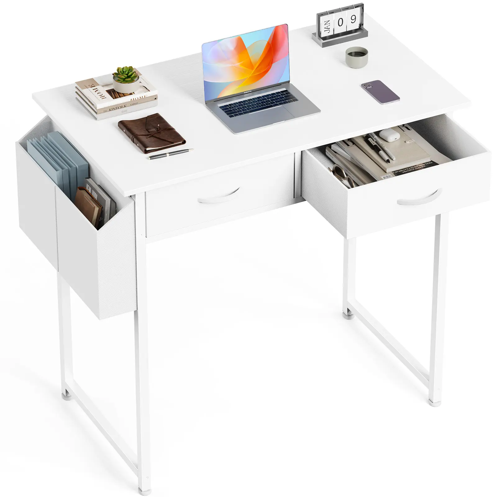 Sweetcrispy Multi-Functional Modern Wood Desk with Drawers - Home Office Furniture, Laptop PC Desk for Home Bedroom, Writing Study Table with Storage Space, Fabric Side Bag, Headphone Hook, Metal Frame, Adjustable Feet