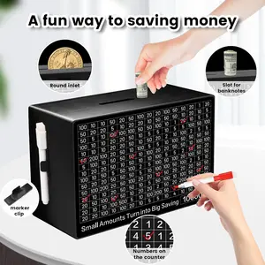 Saving Box, Vault,Reusable Wooden  Box with 10 Targets,Saving Box  Retro, Vault Savings Box Challenge with Counter Gift for Adults  (Black)