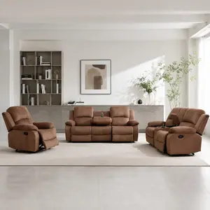 Corduroy Manual Recliner Sofa Set, Living Room Reclining Couch Set with Cup Holders & Storage Console