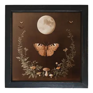 8x8 Inch Framed Canvas Wall Art - Moth and Butterfly Night Scene with Full Moon, Mushrooms, and Flowers - Perfect for Home Decor and Summer Themes, Nature-Inspired Decor | Serene Wall Art | Wooden Frame, Nature-themed Decor