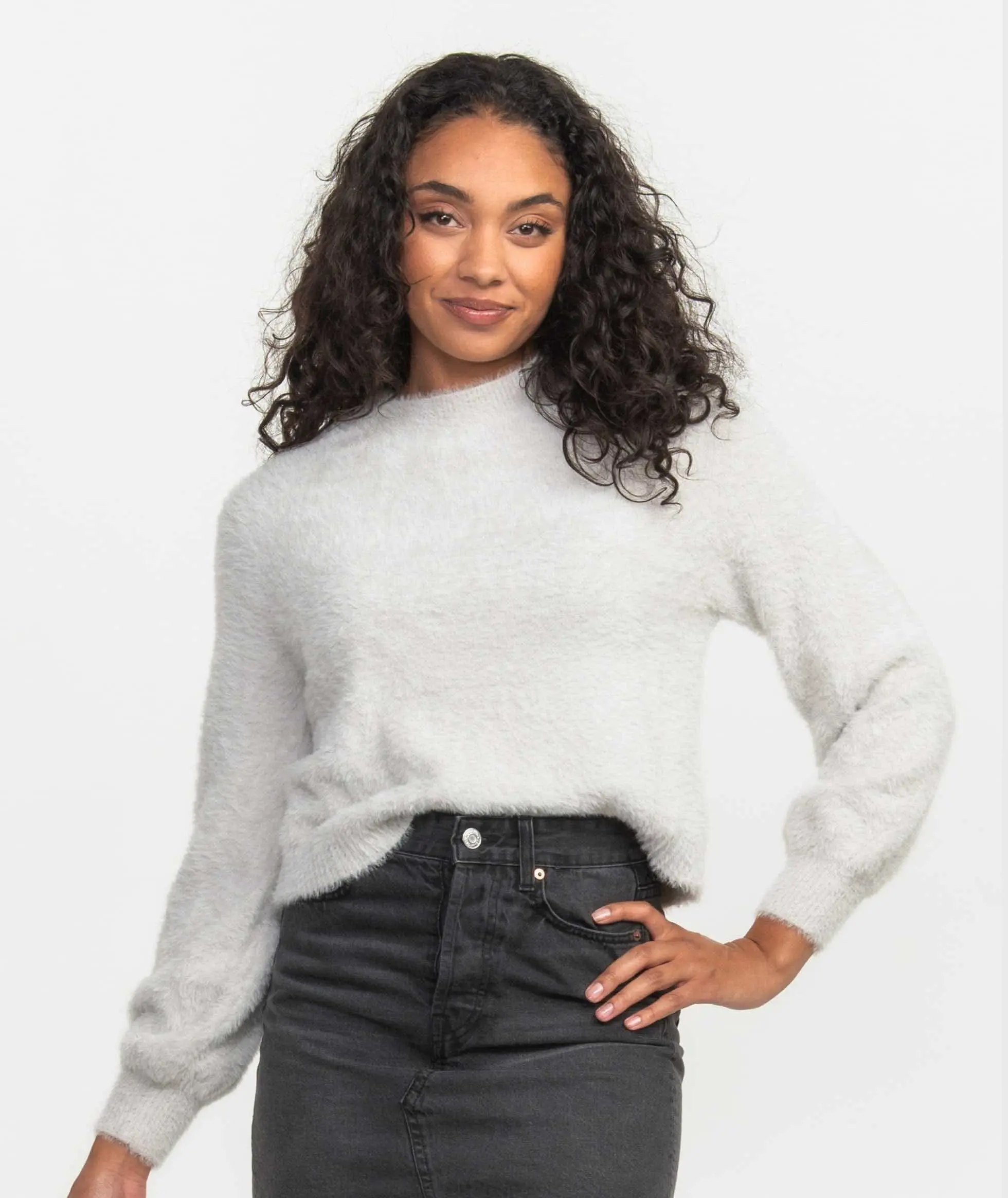Cropped Feather Knit Sweater - Stone