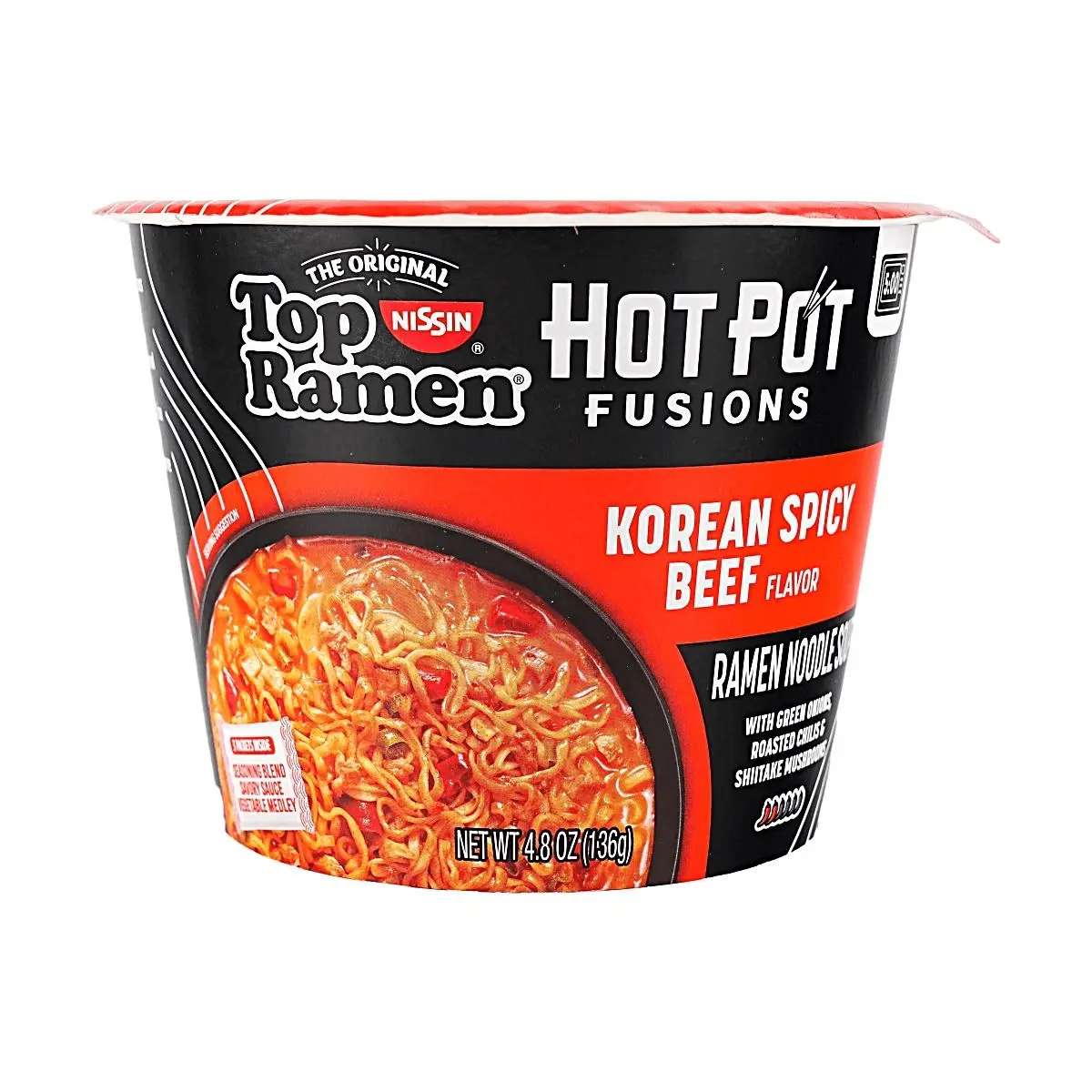 NISSIN Top Ramen Hot Pot Fusions Korean Spicy Beef Flavor - Large Bowl Microwaveable Instant Noodles (136g)