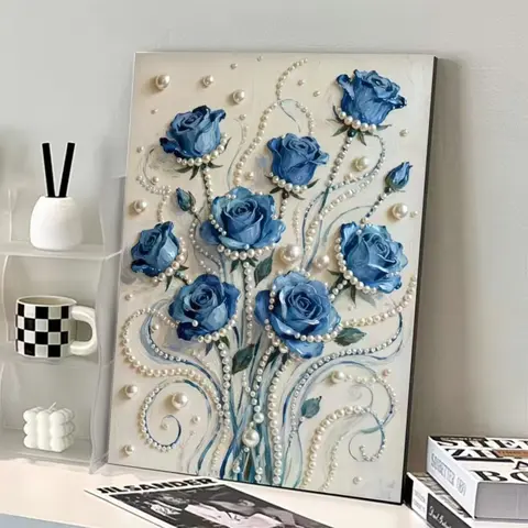 Blue Rose Pearl Painting Kit, Arts Crafts Supplies, 15.75 × 11.81-Inch Framed, Beginner DIY Set, Handmade Wall Decor Gift