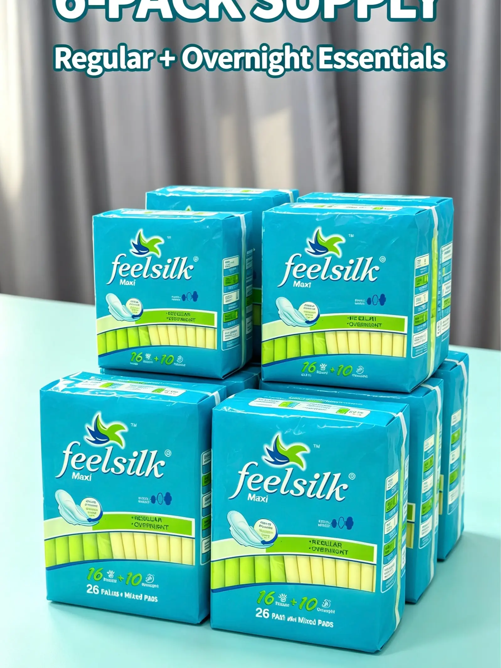 Feelsilk Maxi Sanitary Pads with Flexi-Wings, 6-Pack Set (26 Pads Per Pack: 16 Regular, 10 Overnight), Feminine Period Daily Supplies