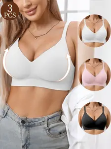 Jelly Bra Sexy Plain V-Neck Wireless Women's Bralette Bra, Seamless Lined Adjustable Design, Medium Support, Fitted, All Seasons, Daily Wear